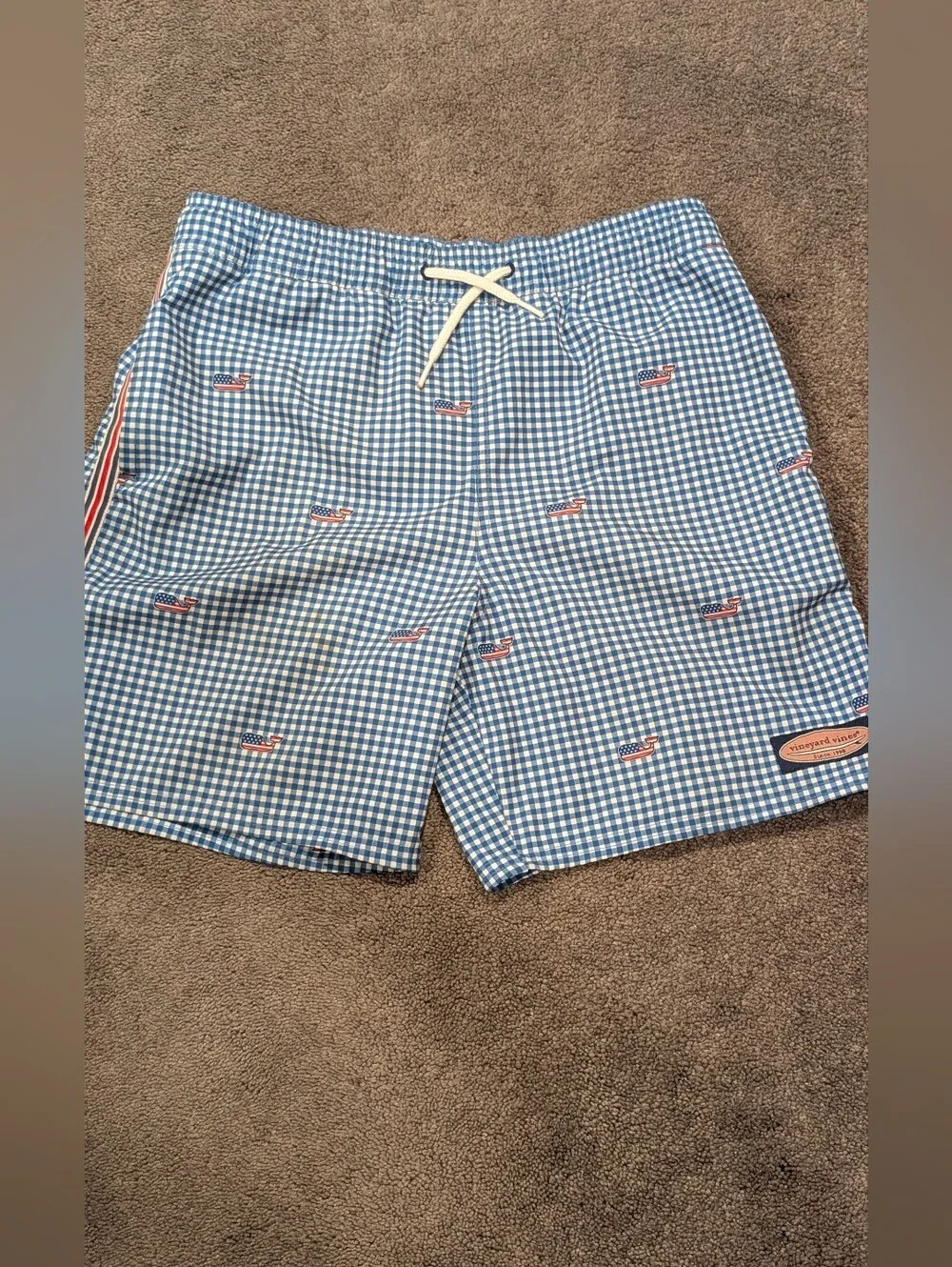 Vineyard Vines Boys Chappy Swim Trunks Blue Gingham Check American Flag Whales M
